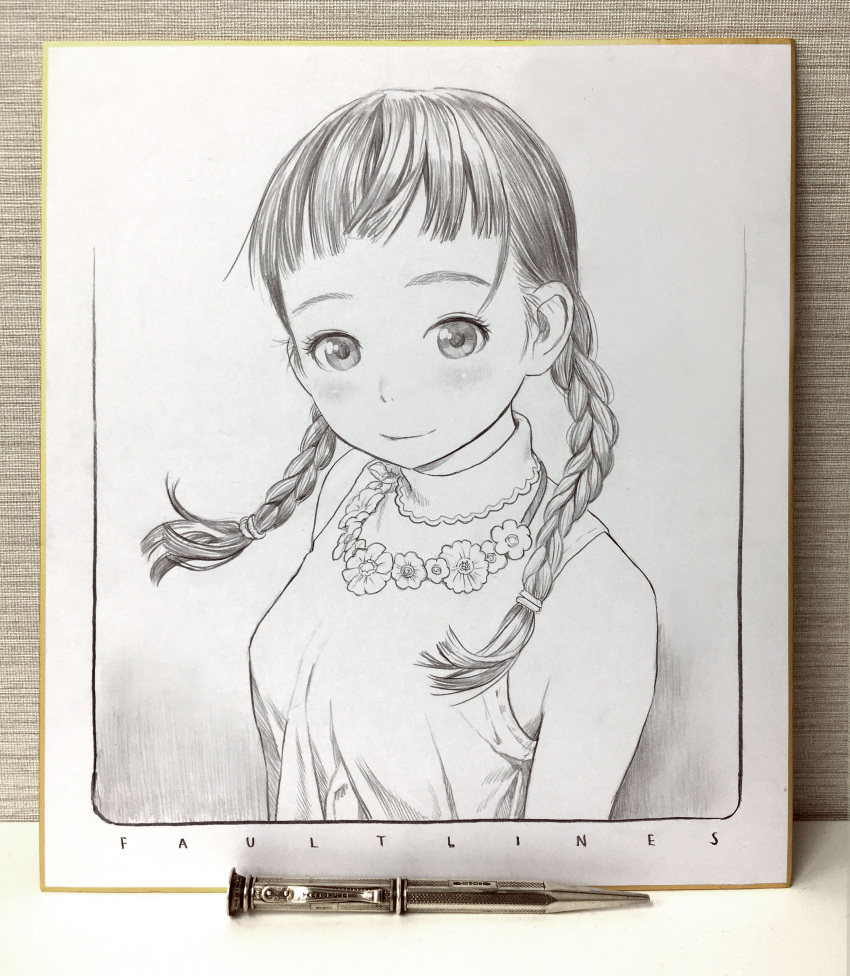 1girl absurdres bangs bare_shoulders border braid breasts closed_mouth floating_hair flower flower_necklace graphite_(medium) greyscale hair_over_shoulder highres jewelry light_smile long_hair looking_at_viewer mechanical_pencil monochrome murata_range necklace original pencil shikishi shirt sleeveless sleeveless_shirt small_breasts solo traditional_media turtleneck twin_braids upper_body