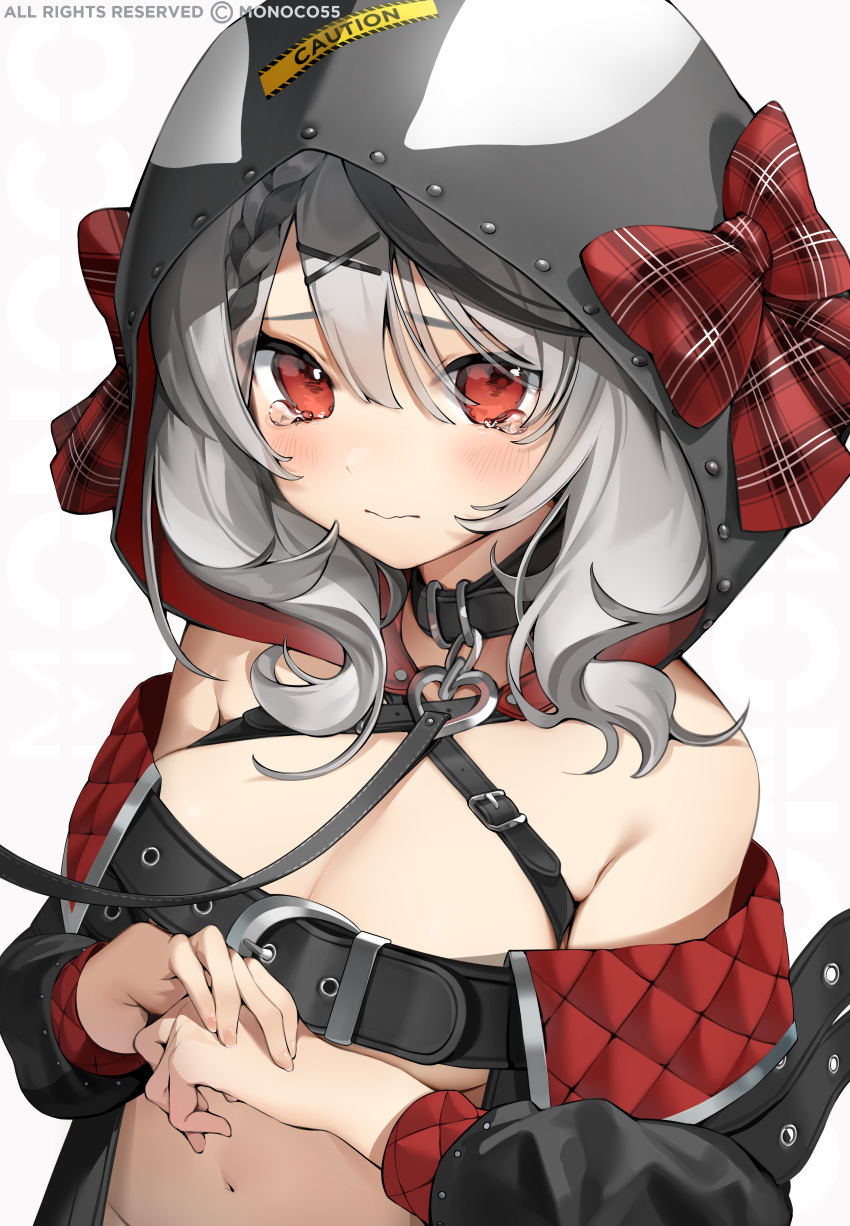1girl absurdres bare_shoulders beltbra blush bow collar crying crying_with_eyes_open grey_hair hair_ornament highres hololive hood hood_up looking_at_viewer monosucre navel orca_hood plaid plaid_bow red_eyes sakamata_chloe solo tears upper_body virtual_youtuber wavy_mouth x_hair_ornament