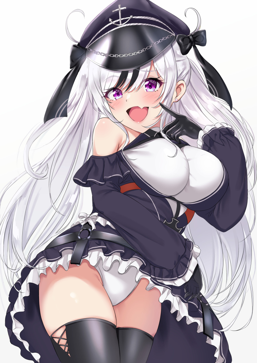 1girl azur_lane black_corset black_dress black_headwear black_ribbon black_tea boots breasts clothing_cutout corset cross dress elbe_(azur_lane) eyebrows_visible_through_hair fang frilled_dress frills hair_ribbon hat highres iron_cross itaba_atsushi large_breasts layered_dress leotard leotard_under_clothes lips long_hair multicolored_hair open_mouth peaked_cap red_armband ribbon rudder_footwear shoulder_cutout simple_background skin_fang solo streaked_hair tea thigh-highs thigh_boots twintails underboob_cutout violet_eyes white_background white_leotard
