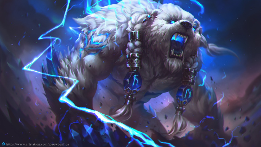 1boy absurdres animal artist_name bear claws commentary earrings electricity fangs glowing glowing_eyes glowing_mouth highres jewelry joaowbenfica league_of_legends long_hair open_mouth sharp_teeth solo teeth volibear web_address white_hair