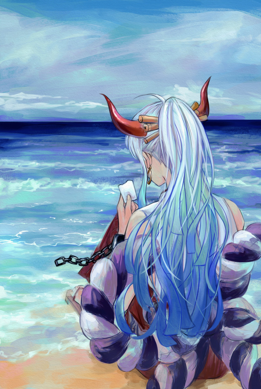 1girl absurdres ahoge beach binonep blue_hair blue_sky clouds cloudy_sky cuffs curled_horns day earrings from_behind full_body hair_ornament hair_stick hakama highres holding holding_paper hoop_earrings horns japanese_clothes jewelry long_hair multicolored_hair ocean one_piece outdoors paper ponytail red_skirt rope sandals shackles silver_hair sitting skirt sky sleeveless solo two-tone_hair yamato_(one_piece)