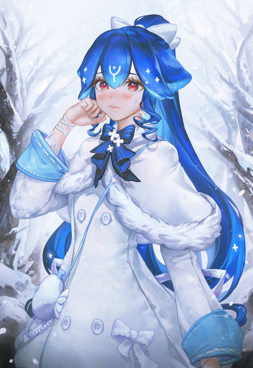 1girl absurdres artofkuzu bangs bao_(vtuber) bare_tree blue_bow blush bow capelet english_commentary eyebrows_visible_through_hair fur_trim highres indie_virtual_youtuber jacket long_hair looking_at_viewer ponytail pouch snow snowing solo sweatdrop tree very_long_hair virtual_youtuber white_bow white_capelet white_jacket