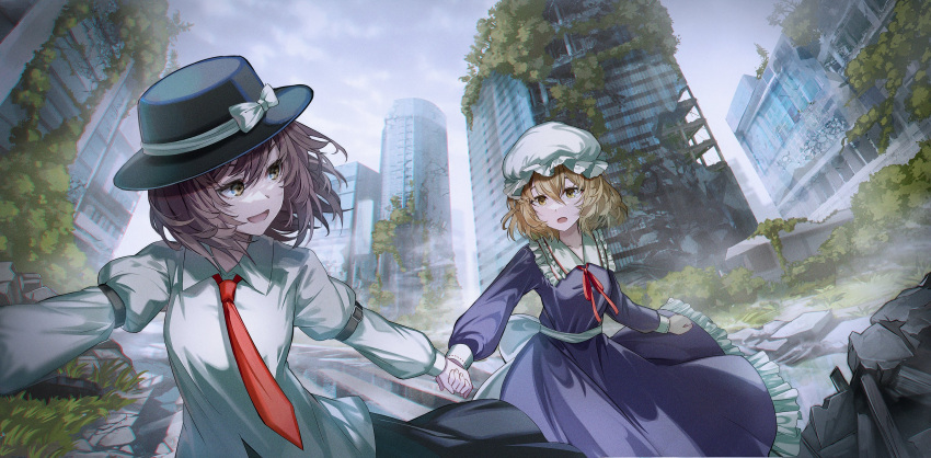2girls :d :o arm_garter black_headwear black_skirt blonde_hair bow brown_hair building city cityscape clouds cloudy_sky collared_shirt commentary day dress eyebrows_behind_hair fedora frilled_dress frilled_shirt_collar frills grass hair_between_eyes hat hat_bow highres holding_hands ivy juliet_sleeves kyusoukyu leaf long_sleeves looking_at_another maribel_hearn mob_cap multiple_girls neckerchief necktie open_mouth outdoors outstretched_arm overgrown plant post-apocalypse puffy_sleeves purple_dress red_neckerchief red_necktie rubble shirt short_hair skirt sky skyscraper sleeve_cuffs smile touhou usami_renko waist_bow white_bow white_headwear white_shirt window yellow_eyes