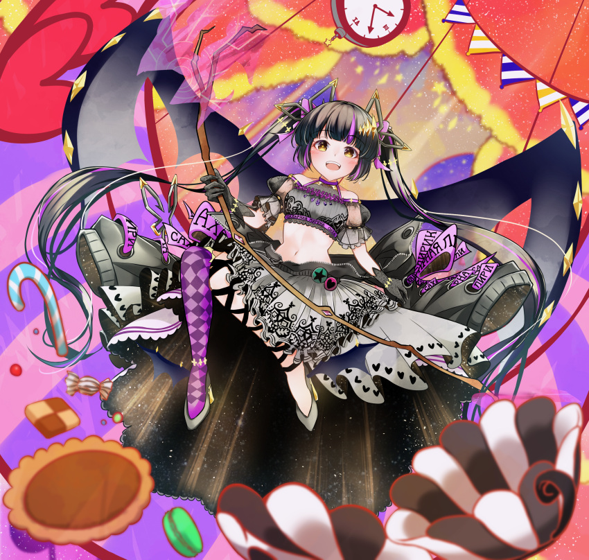 1girl absurdres alternate_costume bangs black_gloves black_hair black_jacket black_ribbon blunt_bangs blush breasts candy candy_cane checkerboard_cookie checkered_clothes checkered_legwear clock commentary_request cookie crop_top cross-laced_sleeves dameyoshi demon_girl demon_horns eyebrows_visible_through_hair food full_body gloves grey_skirt highres holding horns jacket kojo_anna leg_ribbon long_hair long_sleeves looking_at_viewer macaron medium_breasts midriff multicolored_hair navel open_mouth pointy_ears purple_hair purple_legwear ribbon russian_text single_thighhigh skirt smile solo sugar_lyric thigh-highs twintails two-tone_hair virtual_youtuber wrapped_candy yellow_eyes