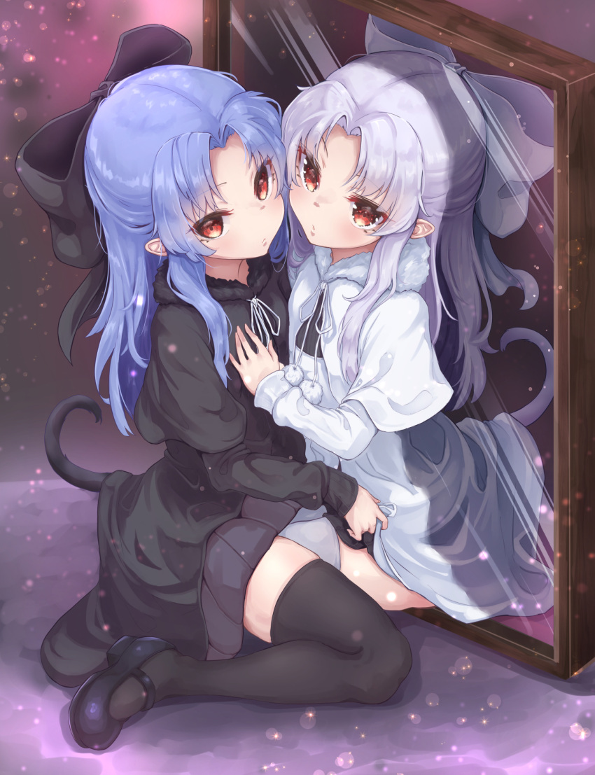 2girls bangs bare_arms black_bow black_dress black_footwear black_legwear blue_hair bow breasts capelet cat_tail closed_mouth cowboy_shot dress fur_collar hair_bow hand_on_another's_chest highres len_(tsukihime) long_hair looking_at_viewer looking_to_the_side melty_blood mirror multiple_girls open_mouth parted_bangs parted_lips petite pointy_ears pulled_by_another rabittofaa red_eyes shiny silver_hair small_breasts sparkle tail thigh-highs tsukihime white_bow white_dress white_footwear white_hair white_legwear white_len_(tsukihime)