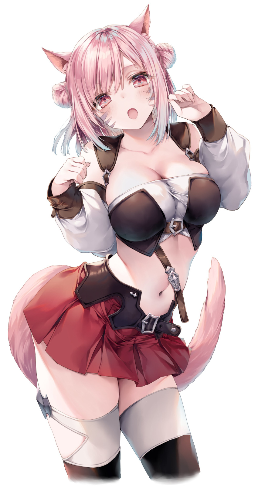 absurdres animal_ears belly belt breasts cat_ears cat_girl cat_tail crop_top detached_sleeves facial_mark final_fantasy final_fantasy_xiv highres himegi_you large_breasts medium_hair midriff miniskirt miqo'te navel open_mouth paw_pose pink_eyes pink_hair skirt tail thigh-highs