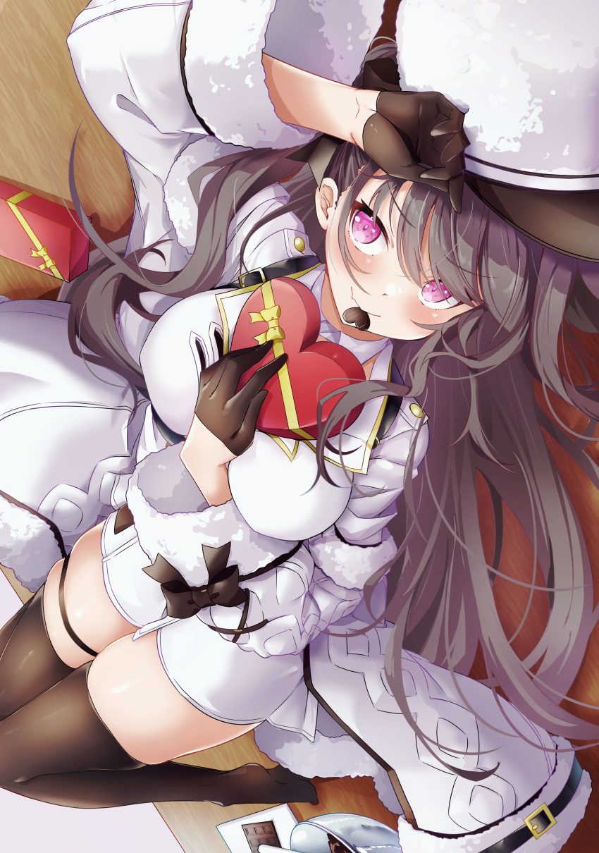 1girl absurdres arm_between_breasts arm_up azur_lane between_breasts black_gloves black_legwear black_ribbon blush box breasts brown_hair candy chocolate coat dress fang food fur-trimmed_coat fur_trim gift gloves hair_ribbon hand_on_forehead hand_up hat heart heart-shaped_box heart-shaped_chocolate highres holding holding_gift knees_together_feet_apart knees_up large_breasts leer.meer long_hair long_sleeves looking_at_viewer lying mouth_hold on_back open_clothes open_coat pamiat_merkuria_(azur_lane) pink_eyes ribbon side_ponytail skindentation smile solo thigh-highs thighs valentine very_long_hair white_coat white_dress wide_sleeves