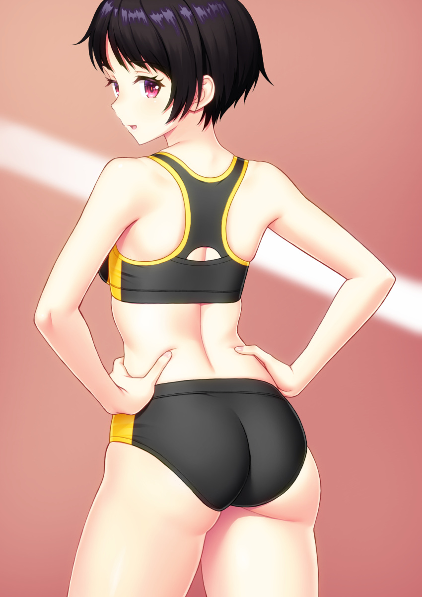 1girl ass back bangs bikini black_bikini black_hair blurry breasts contrapposto cowboy_shot depth_of_field from_behind hands_on_hips highres kuri_(kurigohan) looking_at_viewer looking_back original parted_lips running_track short_hair smile solo sports_bikini sports_bra standing swimsuit track_and_field violet_eyes
