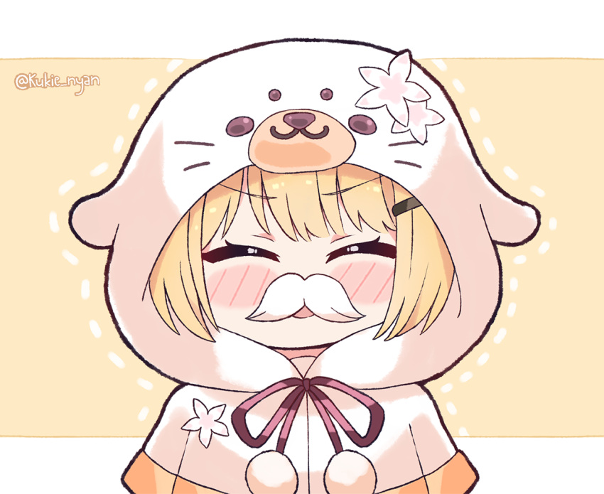 1girl ^_^ animal_hood blonde_hair blush_stickers chibi closed_eyes commentary english_commentary eyebrows_visible_through_hair fake_facial_hair fake_mustache hololive hood kukie-nyan momosuzu_nene seal_hood solo twitter_username upper_body virtual_youtuber