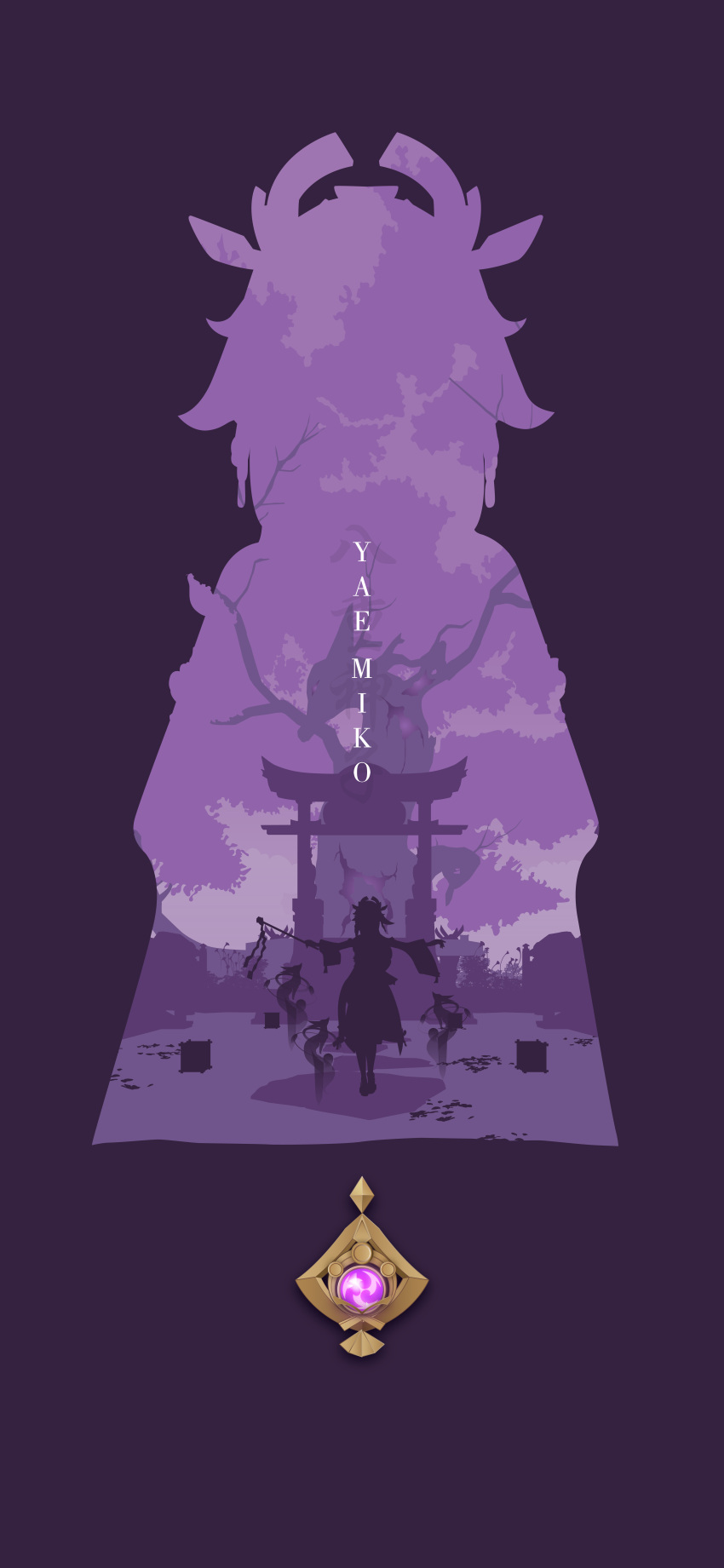 1girl absurdres character_name chinese_commentary commentary_request full_body genshin_impact gohei highres incredibly_absurdres looking_at_viewer mryu outdoors outstretched_arms purple_background purple_theme silhouette simple_background solo spread_arms torii tree vision_(genshin_impact) yae_miko