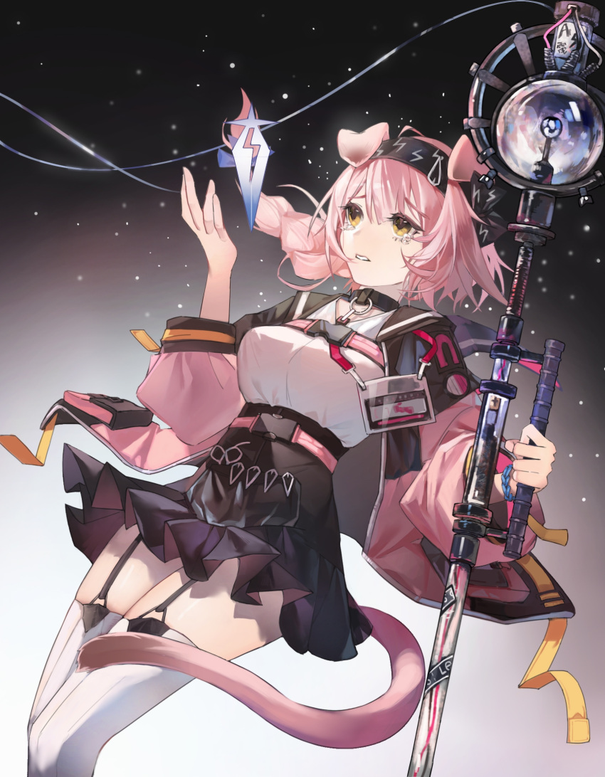 1girl animal_ears arknights bangs black_hairband black_skirt braid breasts cat_ears cat_tail commentary_request feet_out_of_frame garter_straps goldenglow_(arknights) hairband hand_up heyeshenzhi highres holding holding_staff jacket large_breasts light_particles long_hair long_sleeves miniskirt multicolored_clothes multicolored_jacket parted_lips pink_hair shirt single_braid skirt solo staff tail tears thigh-highs thighs two-tone_jacket white_legwear white_shirt yellow_eyes zettai_ryouiki