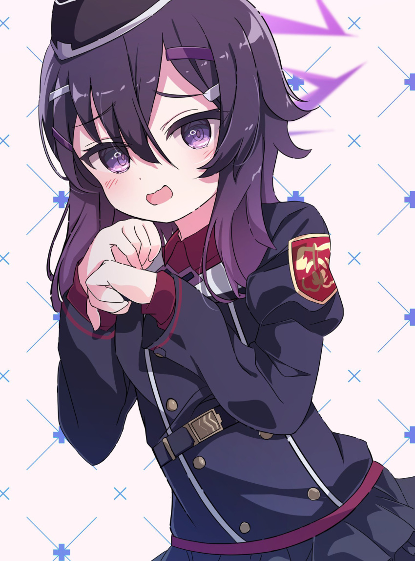 1girl bangs belt black_skirt blue_archive collared_shirt garrison_cap hair_between_eyes hair_ornament hairclip halo haruka_(blue_archive) hat highres jacket juliet_sleeves layered_clothing light_blush long_sleeves looking_at_viewer military military_hat military_uniform nemu_no1 open_mouth puffy_sleeves purple_hair purple_headwear purple_jacket red_shirt shirt simple_background skirt solo uniform upper_body violet_eyes wavy_mouth