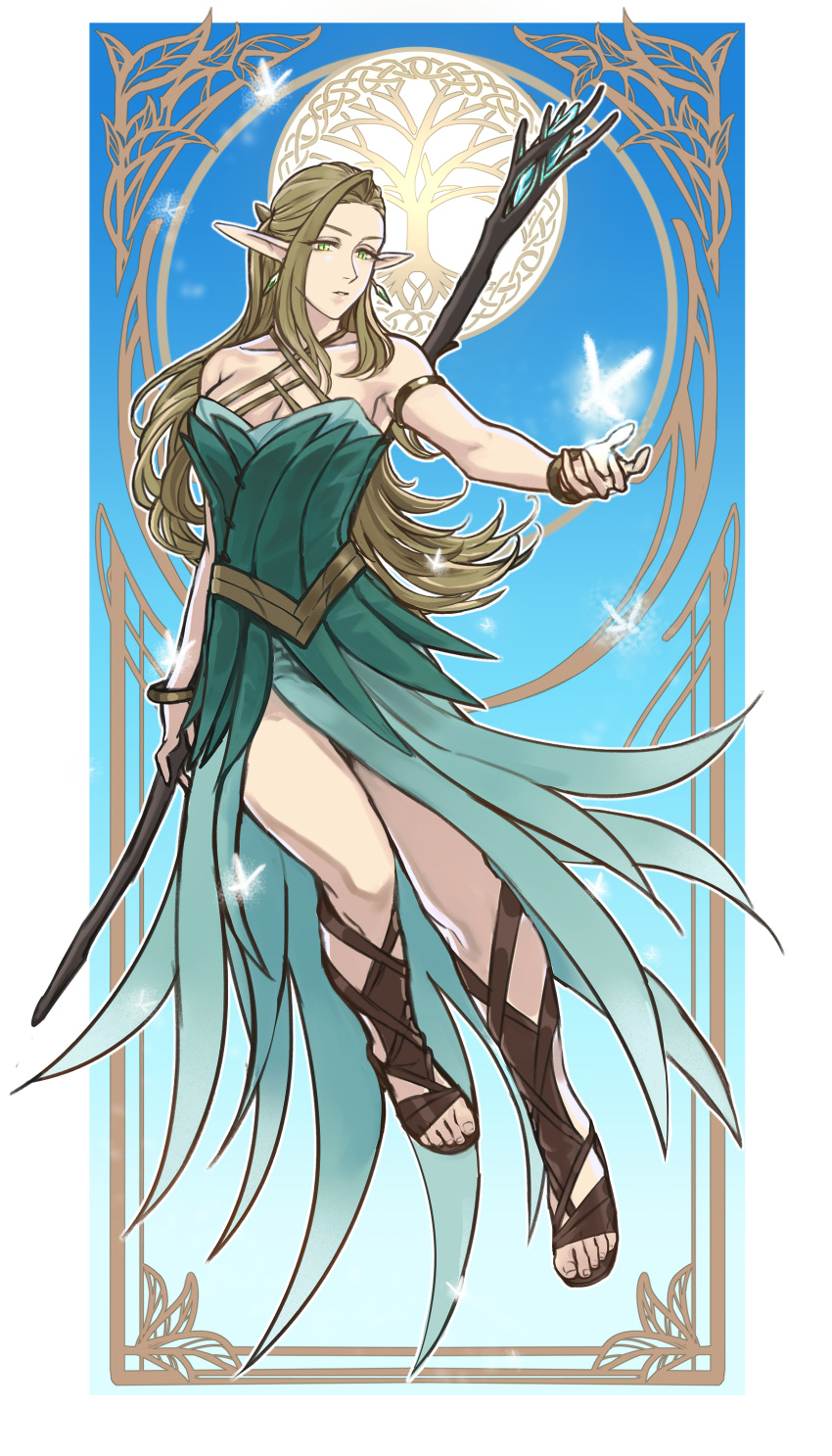 1girl absurdres armlet bare_shoulders blonde_hair bracelet breasts bug butterfly commentary crystal_earrings dinelind_(drill_(emilio)) dress drill_(emilio) earrings elf eyes_visible_through_hair forehead full_body green_dress green_eyes highres jewelry large_breasts long_hair looking_at_viewer original pointy_ears solo staff toeless_footwear