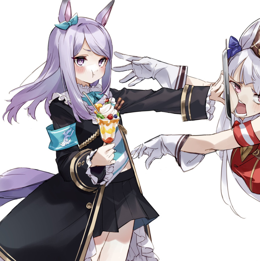 2girls :t animal_ears armband bangs black_coat black_skirt blush bow bowtie cheek_press coat ear_bow floating_hair food gloves gold_ship_(umamusume) grey_hair highres holding horse_ears horse_girl horse_tail ice_cream long_hair mejiro_mcqueen_(umamusume) miniskirt multiple_girls oguri_(oguri_yuta) open_mouth outstretched_arms pleated_skirt purple_hair shirt simple_background skirt standing striped striped_shirt sundae tail tray umamusume violet_eyes white_background white_gloves