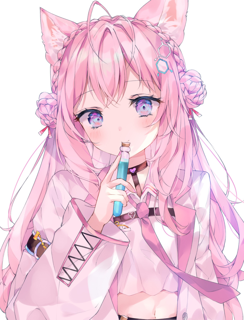 1girl absurdres ahoge animal_ear_fluff animal_ears bangs blush commentary coyote_ears coyote_girl crop_top eyelashes flower hair_flower hair_ornament hakui_koyori highres holding holding_test_tube hololive jacket midriff nail_polish pink_flower pink_hair pink_nails pink_rose rose shigureszku shirt sidelocks test_tube twintails upper_body violet_eyes virtual_youtuber white_jacket white_shirt