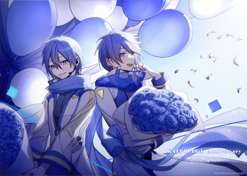 2boys anniversary balloon blue_eyes blue_flower blue_hair blue_rose blue_theme coat dual_persona flower happy_birthday highres holding holding_flower kaito_(vocaloid) kaito_(vocaloid3) long_sleeves multiple_boys ribbon rose scarf smile vocaloid ziling