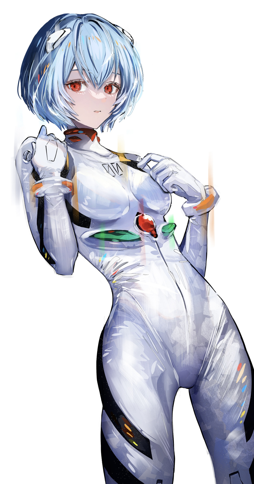 1girl absurdres ayanami_rei blue_hair bodysuit breasts commentary cowboy_shot hands_up highres interface_headset looking_at_viewer nanaponi neon_genesis_evangelion parted_lips plugsuit red_eyes short_hair simple_background small_breasts solo white_background white_bodysuit