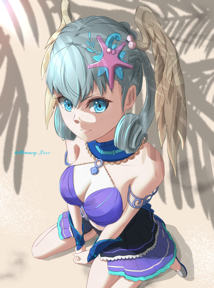 1girl between_legs bikini blue_eyes blue_swimsuit breasts day frilled_bikini frills from_above hair_ornament hand_between_legs head_wings highres looking_at_viewer medium_breasts melia_antiqua mercury_xeno outdoors signature silver_hair sitting smile solo swimsuit wariza white_wings wings xenoblade_chronicles xenoblade_chronicles_(series)