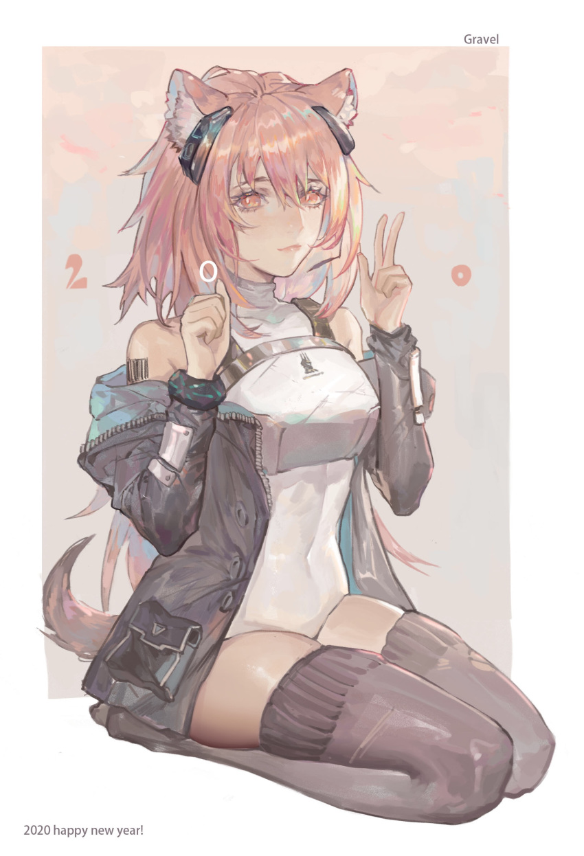 1girl 2020 animal_ears arknights armor barcode barcode_tattoo bare_shoulders bingansuan_jiamouren black_jacket black_legwear character_name chinese_commentary commentary_request earpiece full_body gravel_(arknights) hair_between_eyes hands_up happy_new_year highres jacket lips looking_at_viewer medium_hair mouse_ears mouse_girl mouse_tail off_shoulder open_clothes open_jacket pantyhose pink_eyes pink_hair seiza sitting solo tail tattoo v white_background