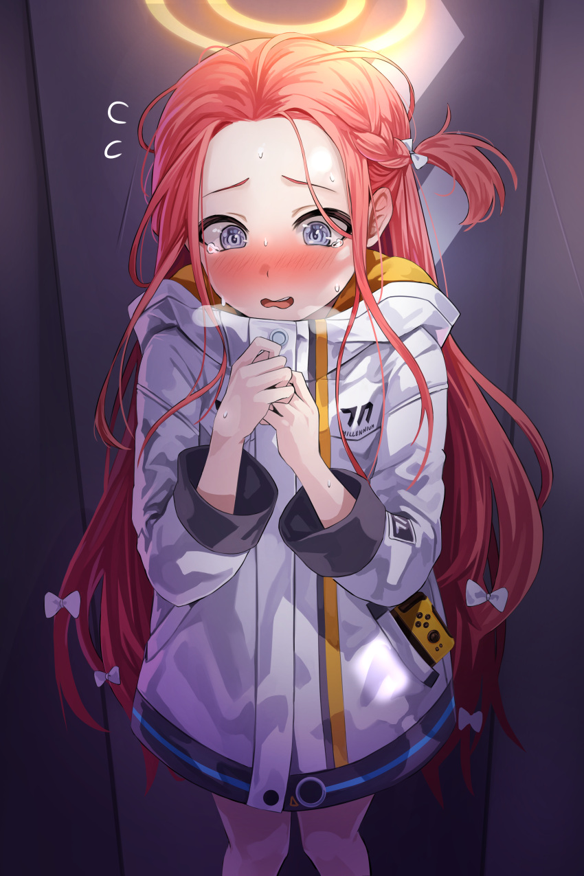 1girl absurdres blue_archive blush bow embarrassed flying_sweatdrops hair_bow highres hood hooded_jacket in_locker jacket ldl_(bcw1025) long_hair nintendo_switch own_hands_together redhead sweatdrop very_long_hair violet_eyes yuzu_(blue_archive)
