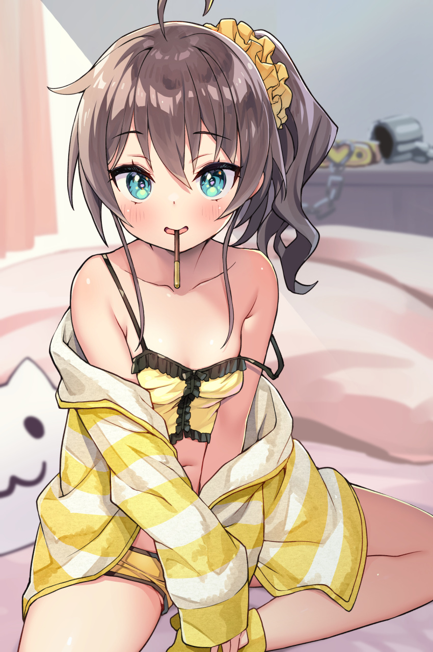 1girl absurdres aqua_eyes ayaoshiro bedroom blanket blue_eyes breasts brown_hair camisole collarbone commentary cuffs food highres hololive medium_hair natsuiro_matsuri off_shoulder pocky scrunchie shackles side_ponytail sleepwear small_breasts solo spaghetti_strap strap_slip virtual_youtuber