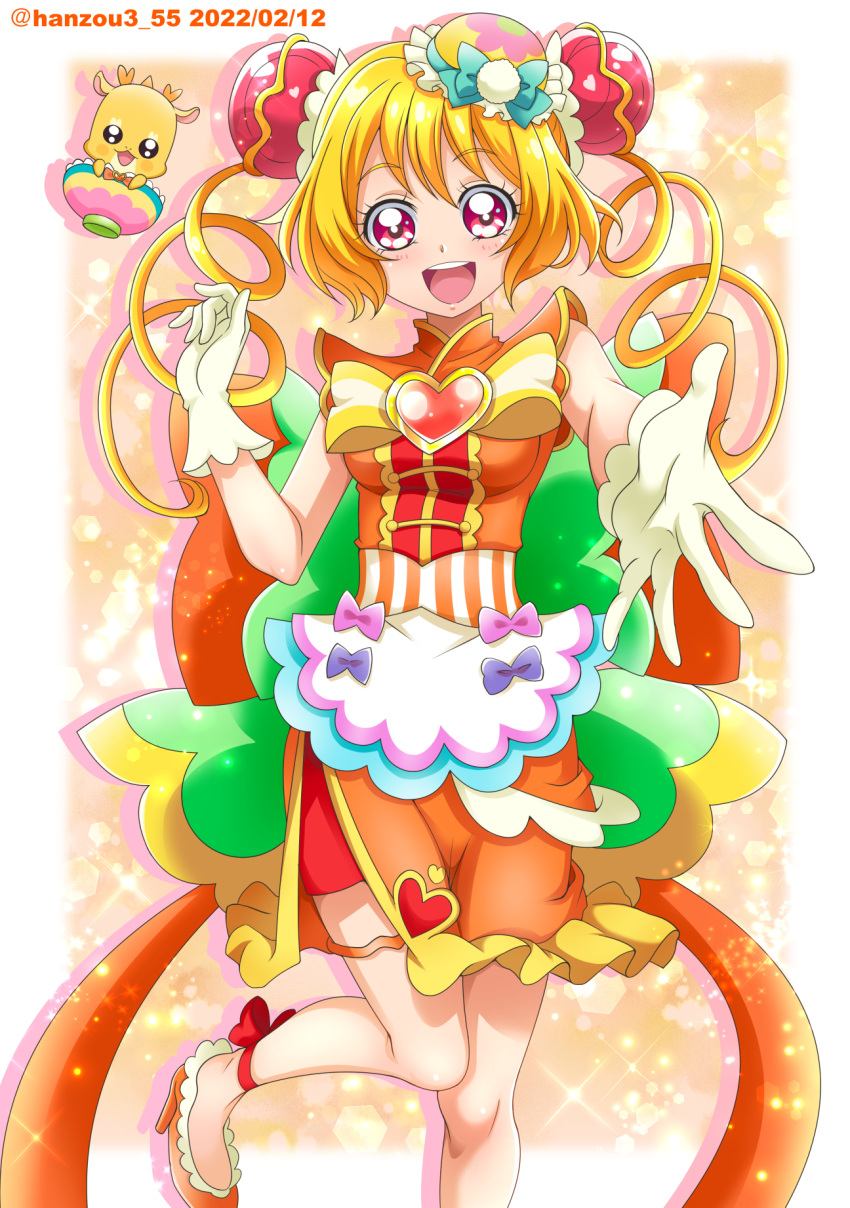 1girl ankle_bow apron back_bow bike_shorts blonde_hair bow breasts chinese_clothes cure_yum-yum dated delicious_party_precure dish double_bun dragon drill_hair gloves hanamichi_ran hanzou heart_brooch high_heels highres huge_bow magical_girl mem-mem_(precure) open_mouth orange_skirt orange_vest precure red_eyes red_shorts shorts skirt small_breasts standing standing_on_one_leg triple_bun twin_drills twitter_username vest white_gloves white_stripes