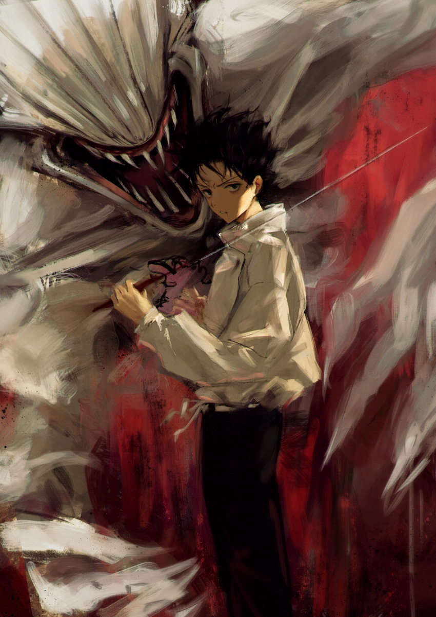 1boy 7ife absurdres black_hair blood blood_from_mouth commentary demon english_commentary feet_out_of_frame from_side highres holding holding_sword holding_weapon jujutsu_kaisen long_sleeves looking_at_viewer male_focus okkotsu_yuuta parted_lips shirt short_hair solo sword weapon white_shirt