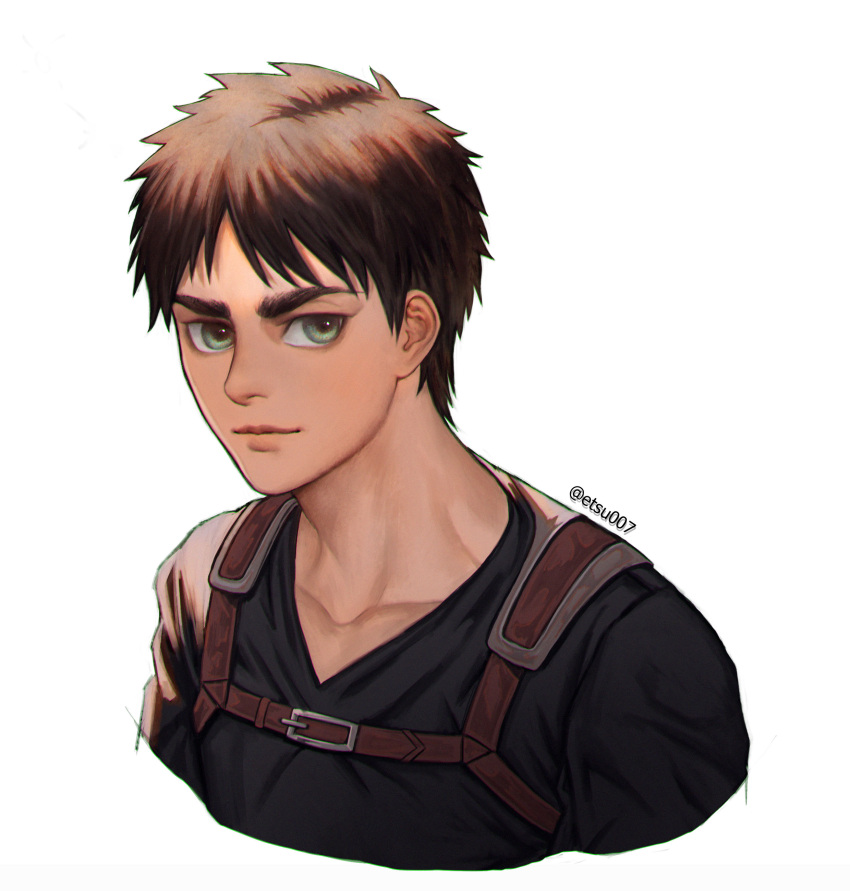 1boy absurdres areolae black_shirt chest_belt cropped_torso ekit70 eren_yeager green_eyes highres leather looking_at_viewer male_focus shingeki_no_kyojin shirt short_hair smile solo thick_eyebrows white_background