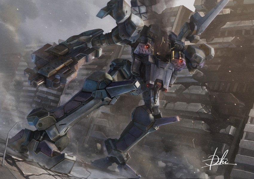 armored_core armored_core_3 gun headless holding holding_gun holding_weapon hukutuuprunes leaning_forward mecha missile_pod missing_limb science_fiction signature smoke solo weapon