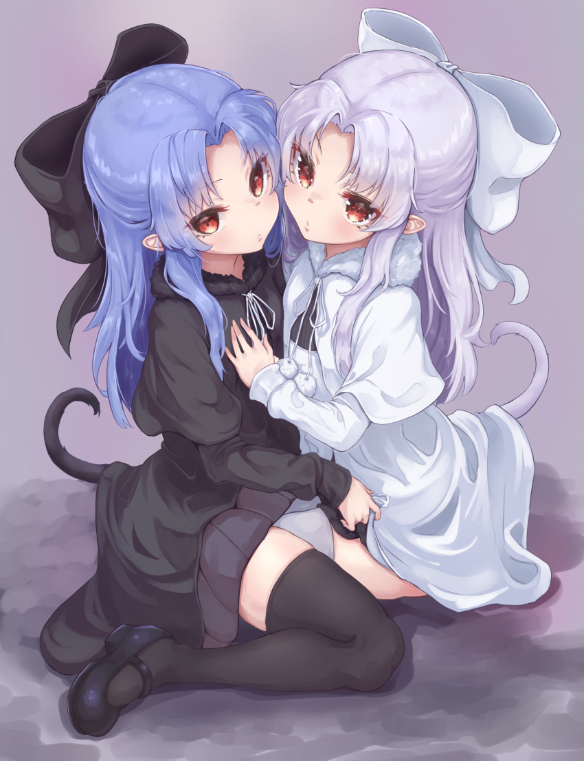 2girls bangs bare_arms black_bow black_dress black_footwear black_legwear blue_hair bow breasts capelet cat_tail closed_mouth cowboy_shot dress fur_collar grey_background hair_bow hand_on_another's_chest highres len_(tsukihime) long_hair looking_at_viewer looking_to_the_side melty_blood multiple_girls open_mouth parted_bangs parted_lips petite pointy_ears pulled_by_another rabittofaa red_eyes silver_hair simple_background small_breasts tail thigh-highs tsukihime white_bow white_dress white_footwear white_hair white_legwear white_len_(tsukihime)