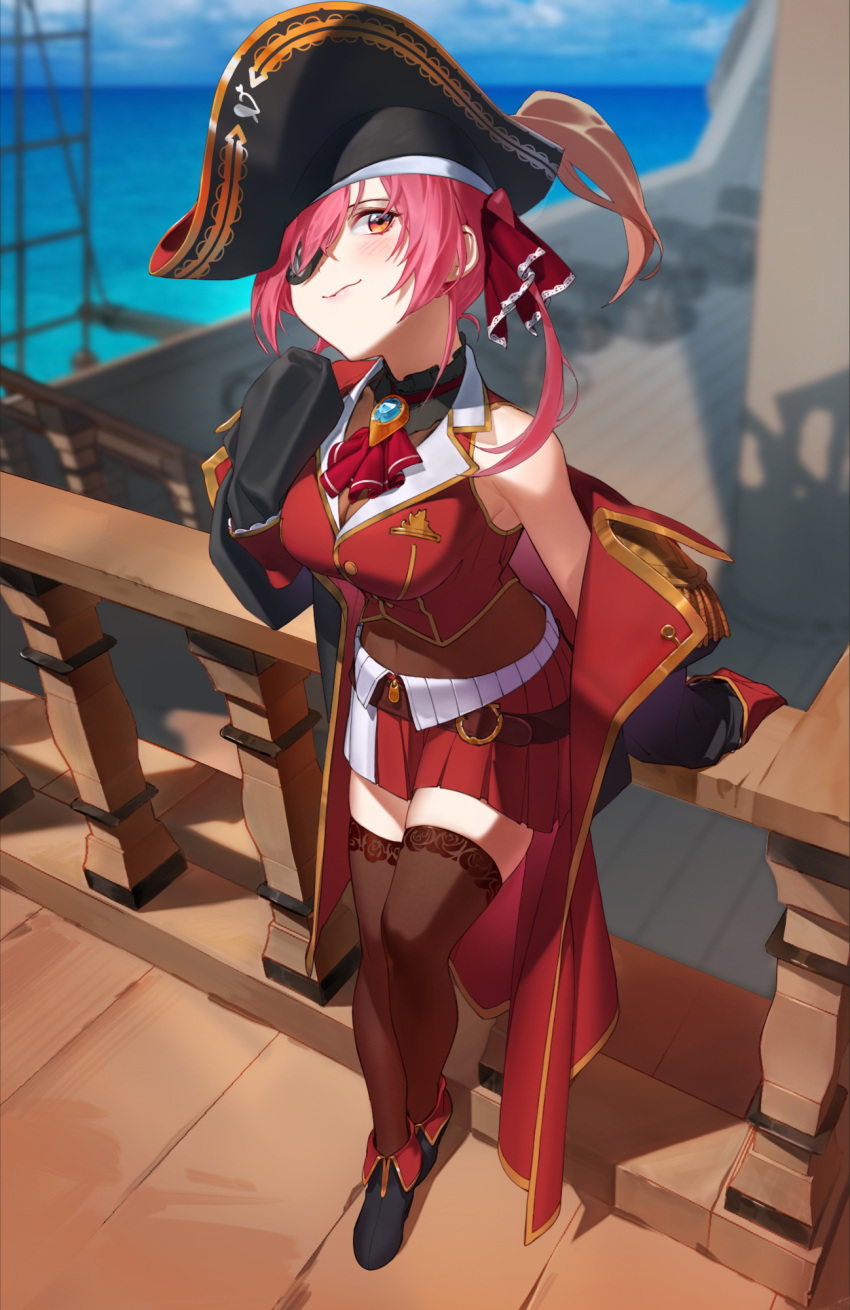 1girl arm_support arrow_through_heart ascot bad_kim bangs bare_shoulders belt bicorne black_eyepatch black_headwear blurry blurry_background blush breast_pocket breasts brooch coat day eyepatch hair_over_one_eye hand_up hat head_tilt highres hololive houshou_marine impossible_clothes impossible_vest jewelry leaning_forward leotard leotard_under_clothes long_sleeves looking_at_viewer medium_breasts medium_hair microskirt midriff navel ocean off_shoulder on_railing one_eye_covered open_clothes open_coat outdoors pink_hair pirate pirate_hat pocket railing red_ascot red_eyes sailing_ship see-through see-through_leotard ship shoes sitting sitting_on_railing skirt sleeves_past_fingers sleeves_past_wrists smile solo standing standing_on_one_leg stomach thigh-highs vest virtual_youtuber water watercraft zettai_ryouiki zipper_pull_tab