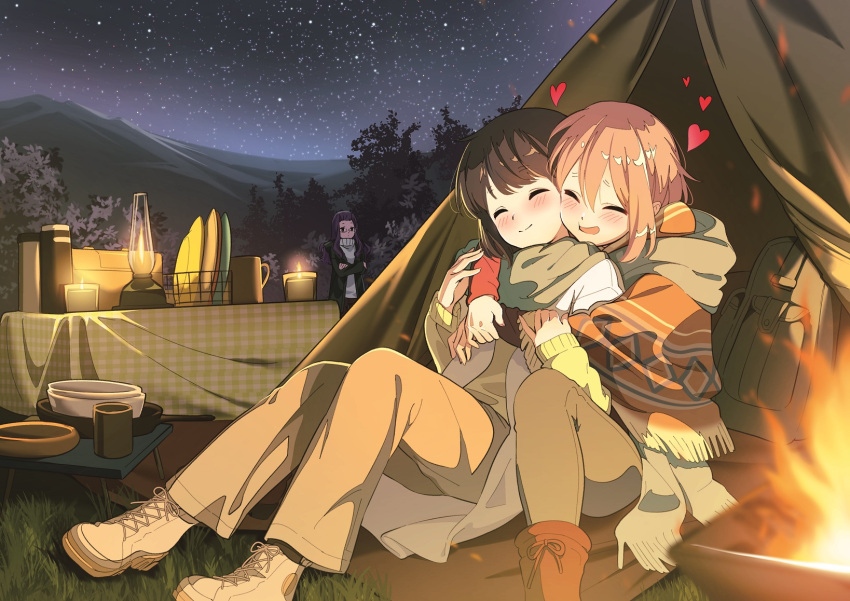 3girls alternate_hair_length alternate_hairstyle arms_around_neck backpack bag bangs blue_hair boots brazier camping candle cheek-to-cheek closed_eyes coat commentary cross-laced_footwear crossed_arms cup dishes fire glasses grass happy heads_together highres hotaru_iori hug hug_from_behind ichimi_renge jacket kagamihara_nadeshiko kagamihara_sakura lace-up_boots lamp light_blush medium_hair mountainous_horizon mug multiple_girls night night_sky open_mouth outdoors pants pink_hair plate poncho purple_hair shima_rin siblings sisters sitting sky smile star_(sky) starry_sky sweater table tablecloth tent thermos tree violet_eyes wallpaper winter_clothes yuri yurucamp