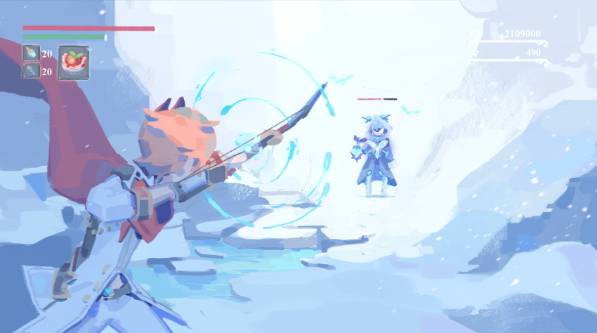 1boy 1girl aiming bloodborne bow_(weapon) cicin_mage_(genshin_impact) cryo_cicin_mage_(genshin_impact) fortisselle gameplay_mechanics genshin_impact health_bar highres holding holding_bow_(weapon) holding_weapon hood hood_up jacket lantern mask mask_on_head orange_hair outdoors pants red_scarf scarf snow snowing standing tartaglia_(genshin_impact) weapon