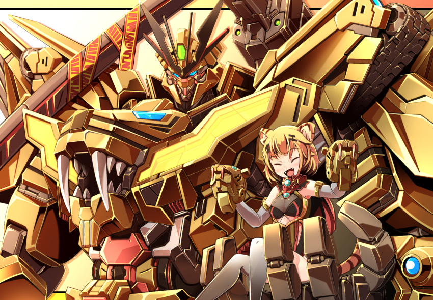 1girl ^_^ animal_ear_fluff animal_ears blonde_hair blue_eyes blush breasts chinese_zodiac closed_eyes elbow_gloves eyebrows_visible_through_hair fangs gloves grey_gloves grey_legwear highres in_palm mecha on_mecha original short_hair shoulder_cannon sibelurabbi sitting small_breasts smile super_robot thigh-highs tiger_ears tiger_girl v-fin year_of_the_tiger