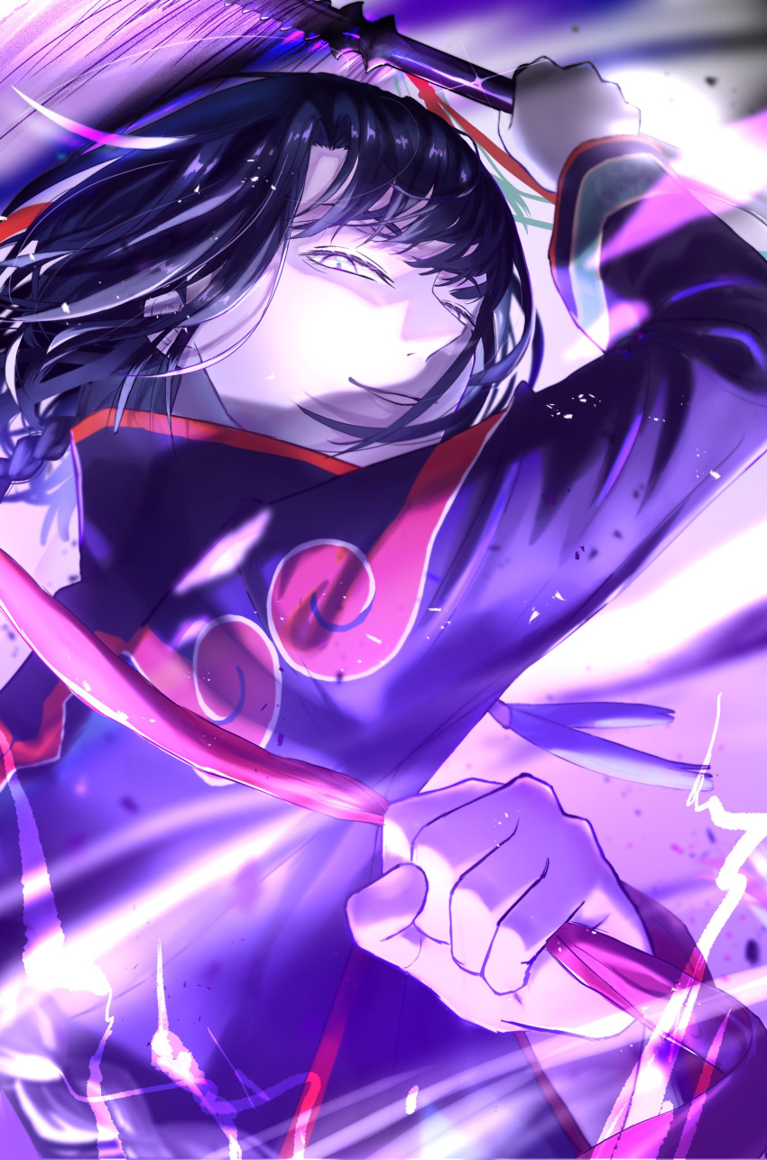1boy absurdres bangs black_coat black_hair braid chinese_clothes close-up coat fate/grand_order fate_(series) glance grey_eyes high_collar highres holding holding_weapon holding_whip long_hair long_sleeves looking_at_viewer male_focus smile solo tai_gong_wang_(fate) upper_body warp226 weapon whip