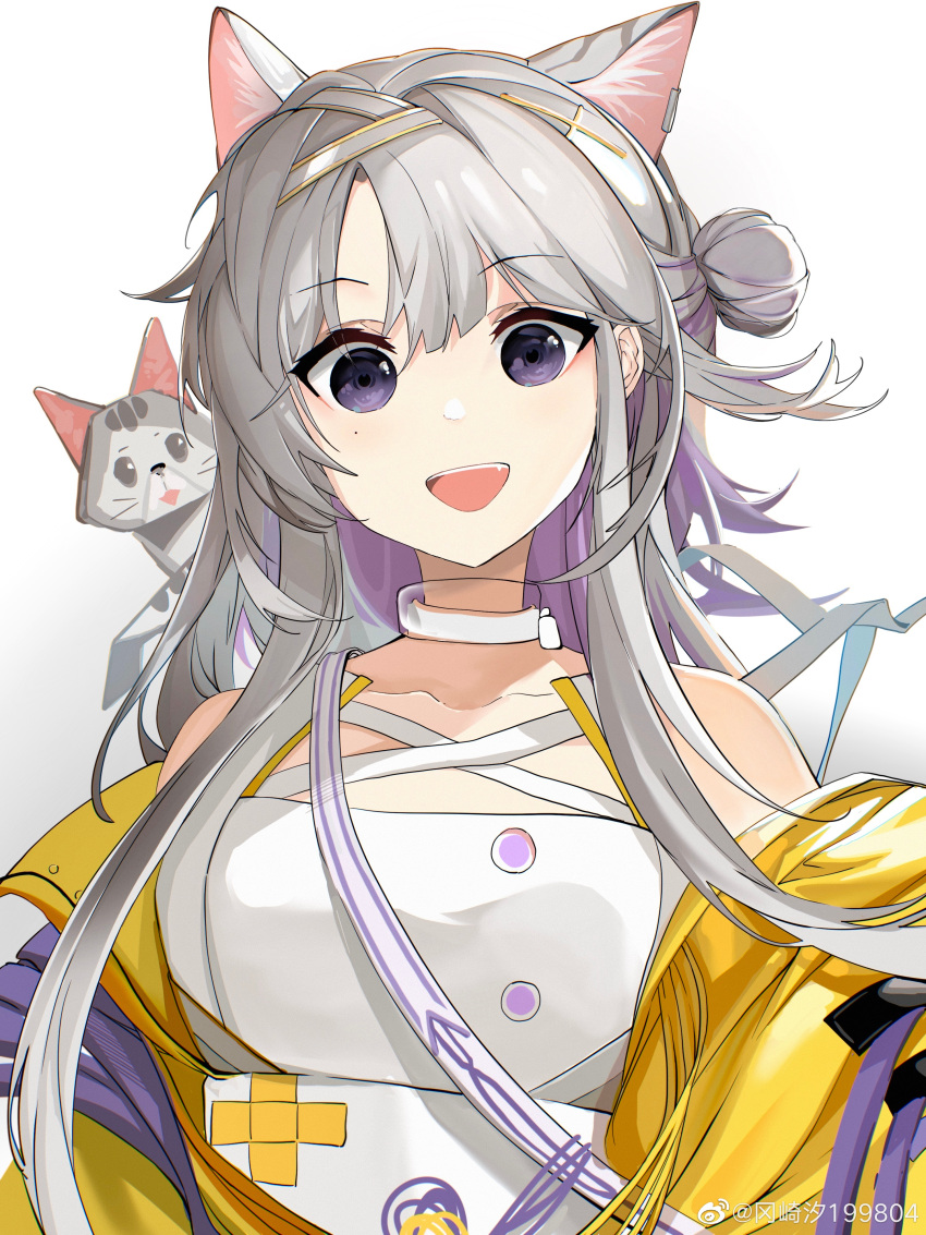 1girl :d absurdres animal_ear_fluff animal_ears arknights artist_name bangs bare_shoulders cat_ears choker collarbone dress eyebrows_visible_through_hair hair_bun hair_ornament hairclip highres jacket kazema_(arknights) looking_at_viewer open_clothes open_jacket open_mouth origami side_bun silver_hair simple_background smile solo upper_body violet_eyes weibo_username white_background white_choker white_dress yellow_jacket