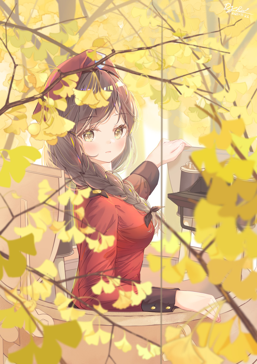 1girl absurdres artist_name autumn bangs beret black_headwear black_ribbon blurry blurry_foreground braid braided_ponytail branch brown_eyes brown_hair closed_mouth commentary_request dated day depth_of_field english_commentary eyebrows_visible_through_hair ginkgo girls_und_panzer hair_over_shoulder hair_ribbon hat highres jacket light_frown long_hair long_sleeves looking_at_viewer looking_back military military_uniform mixed-language_commentary okawa2000 outdoors red_jacket ribbon rukuriri_(girls_und_panzer) signature single_braid solo st._gloriana's_military_uniform tank_cupola uniform