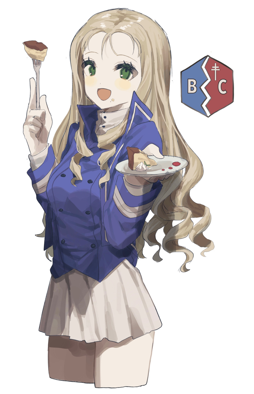1girl absurdres bc_freedom_(emblem) bc_freedom_military_uniform blonde_hair blue_jacket blush cake commentary_request cropped_jacket drill_hair eating emblem food food_on_face fork girls_und_panzer highres holding holding_fork holding_plate jacket long_hair long_sleeves looking_at_viewer marie_(girls_und_panzer) military military_uniform open_mouth plate simple_background skirt solo tachibana_wataru_(123tsuki) uniform white_background white_skirt