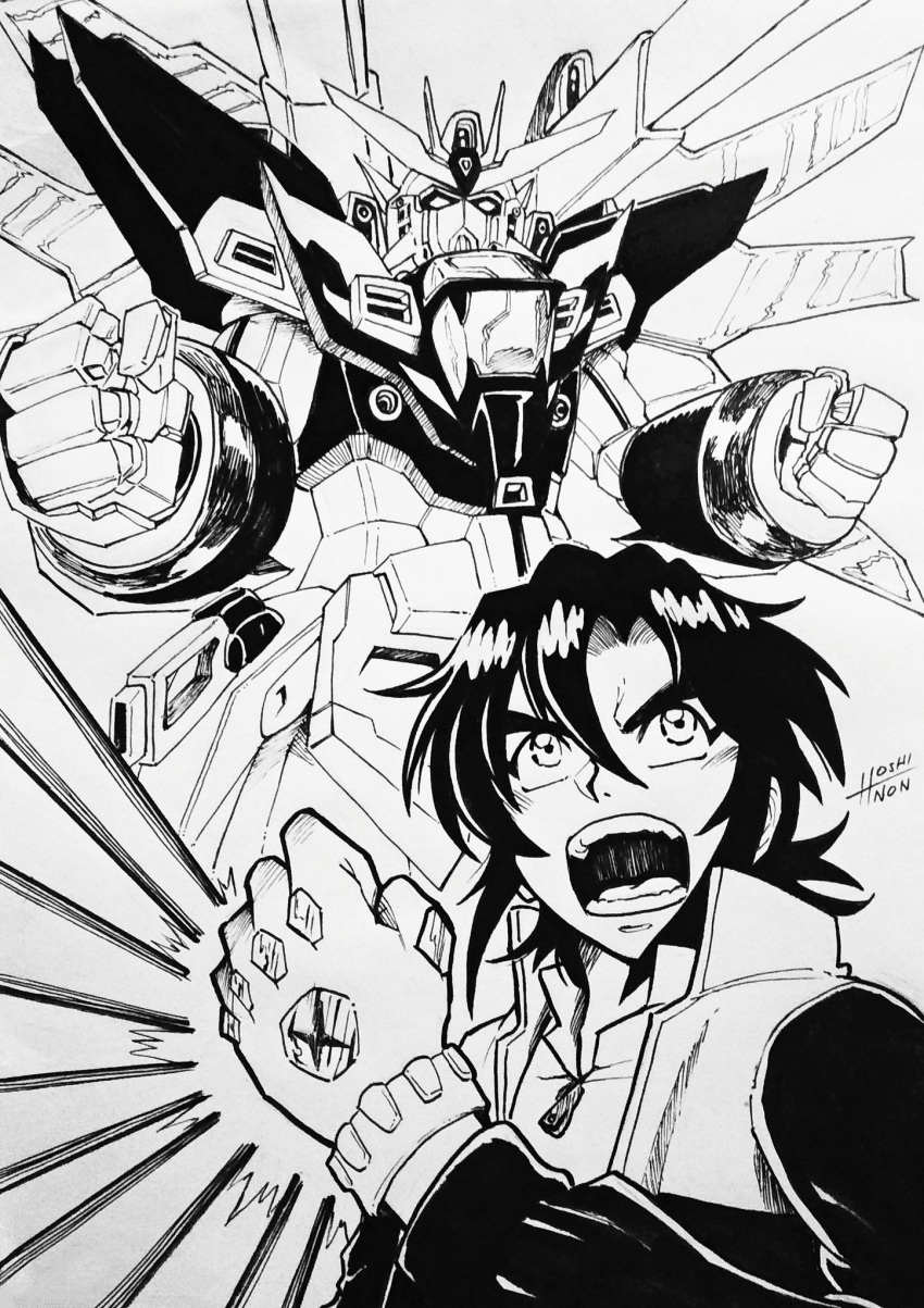 1boy after_war_gundam_x company_connection english_commentary garrod_ran gloves glowing glowing_hand greyscale gundam gundam_double_x hair_between_eyes highres hoshinon ink_(medium) jacket male_focus mecha mechanical_wings monochrome open_mouth parody shoulder_cannon style_parody sunrise_(company) traditional_media v-fin white_background wings yuusha_ou_gaogaigar yuusha_series