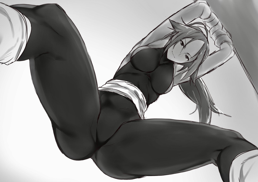 1girl arms_up bleach breasts closed_mouth commentary_request dark-skinned_female dark_skin greyscale highres kuma_(jk0073) large_breasts long_hair looking_at_viewer monochrome ponytail sash shihouin_yoruichi smile solo stretch