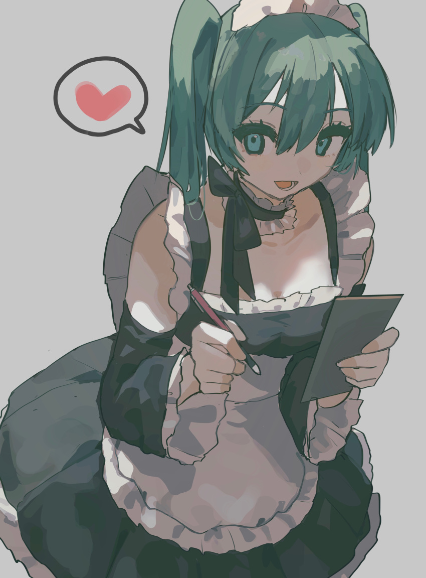 1girl absurdres alternate_costume apron aqua_hair bangs black_dress blue_eyes breasts choker commentary_request detached_sleeves dress enmaided frills grey_background hair_between_eyes hatsune_miku heart highres holding holding_pen long_hair looking_at_viewer maid maid_headdress medium_breasts parted_lips pen simple_background solo spoken_heart tachibana_wataru_(123tsuki) vocaloid white_apron