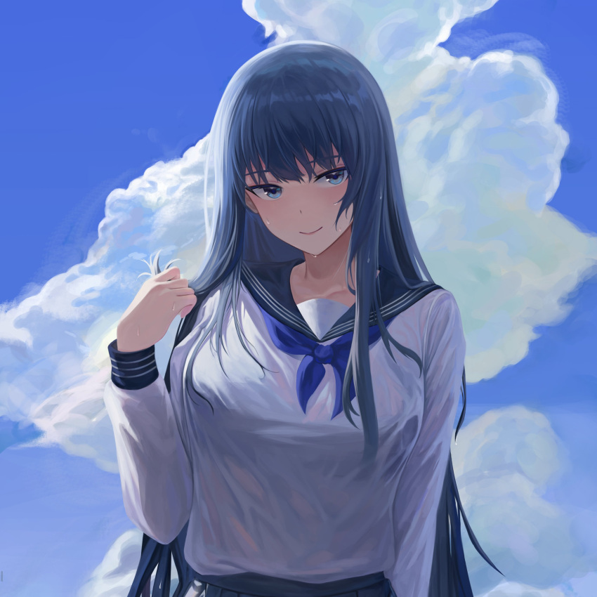 1girl absurdres arm_at_side bburi blue_eyes blue_hair blush bra_visible_through_clothes breasts closed_mouth clouds cloudy_sky collarbone contrapposto hand_up highres large_breasts long_hair looking_at_viewer neckerchief original pleated_skirt sailor_collar school_uniform shirt shirt_tucked_in skirt sky smile solo upper_body very_long_hair wet wet_clothes wet_shirt white_shirt