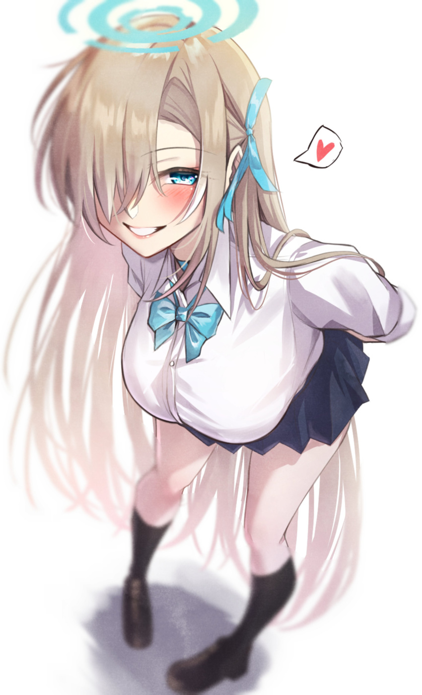 1girl absurdres asuna_(blue_archive) blonde_hair blue_archive blue_eyes bow bowtie breasts halo heart highres large_breasts school_uniform shoes skirt smile spoken_heart white_background yoshimoto_(carpsukidayo)
