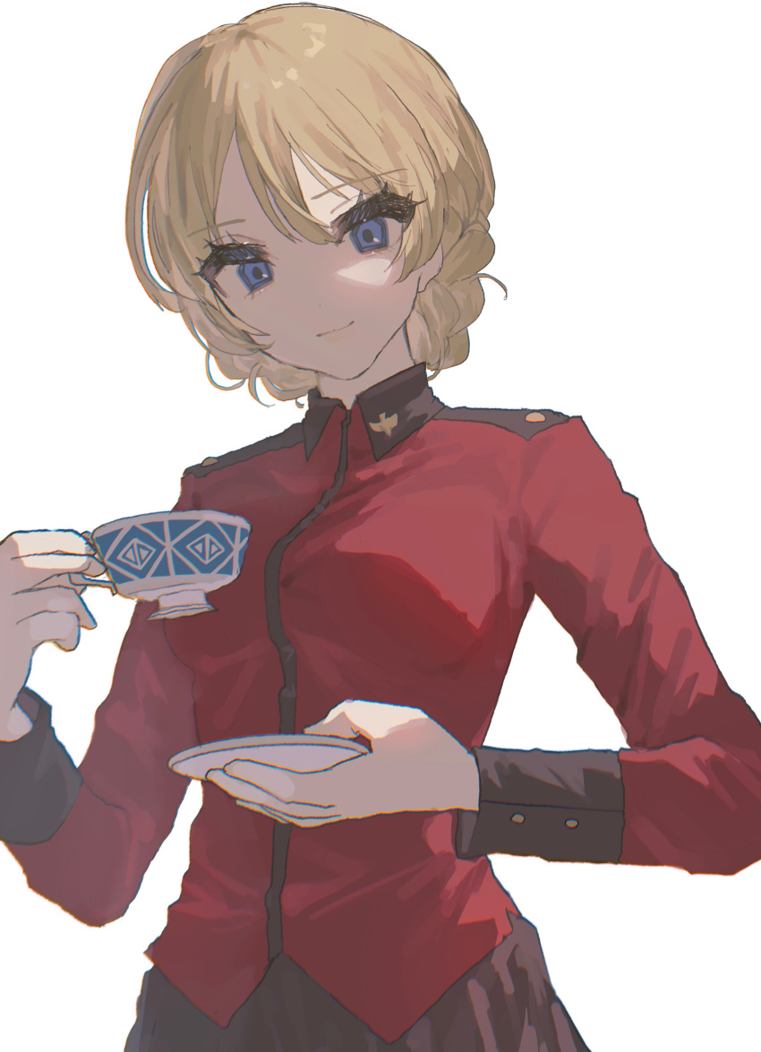 1girl absurdres bangs blonde_hair blue_eyes commentary_request cup darjeeling_(girls_und_panzer) girls_und_panzer hair_between_eyes highres holding holding_cup long_sleeves looking_at_viewer military military_uniform simple_background solo st._gloriana's_military_uniform tachibana_wataru_(123tsuki) teacup tied_hair uniform upper_body white_background