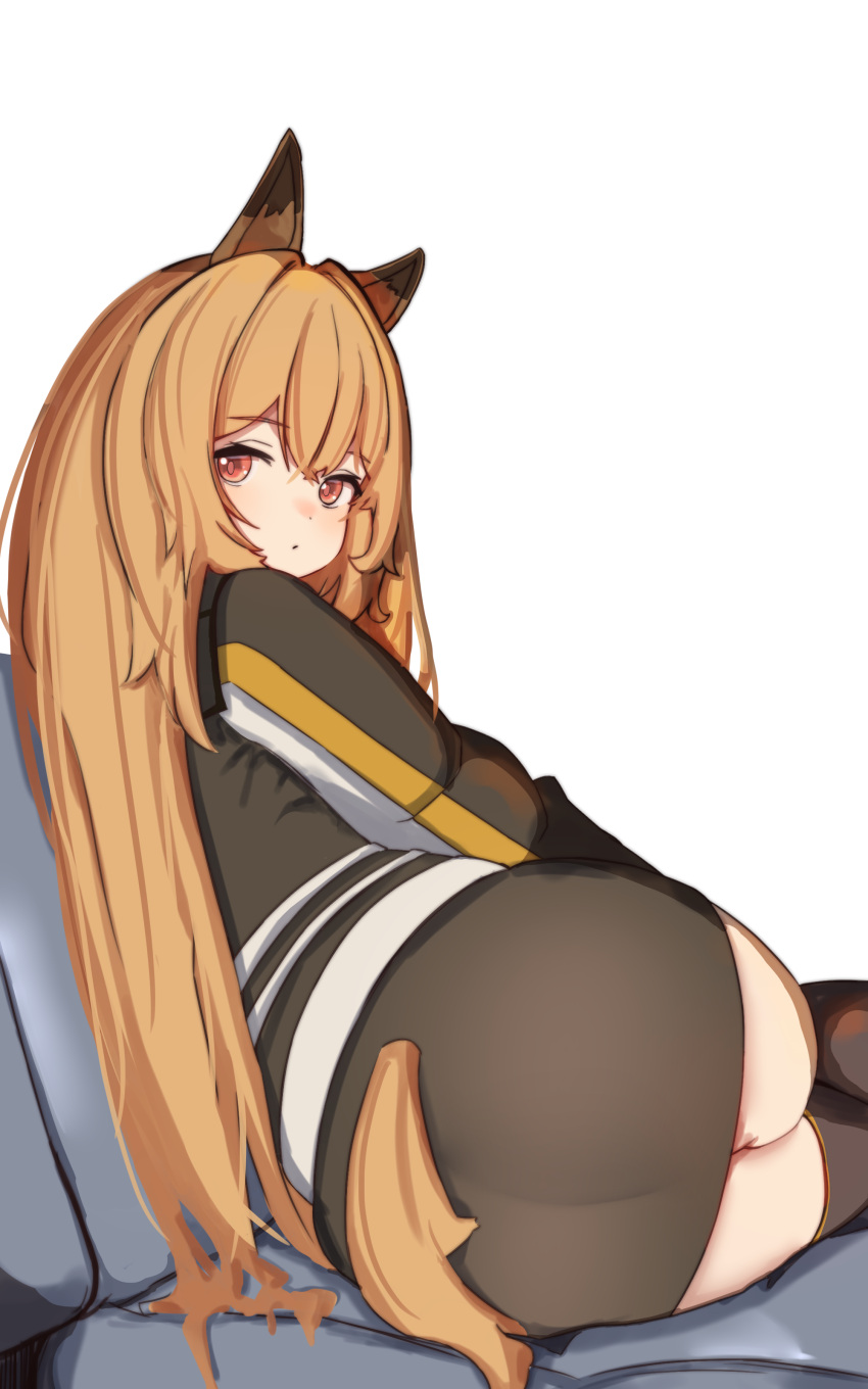 1girl absurdres animal_ears arknights ass bangs binware black_dress black_legwear blonde_hair blush ceobe_(arknights) closed_mouth commentary_request dog_ears dog_girl dog_tail dress eyebrows_visible_through_hair from_behind highres long_hair long_sleeves looking_at_viewer looking_back lying on_side red_eyes simple_background solo tail tail_through_clothes thigh-highs very_long_hair white_background