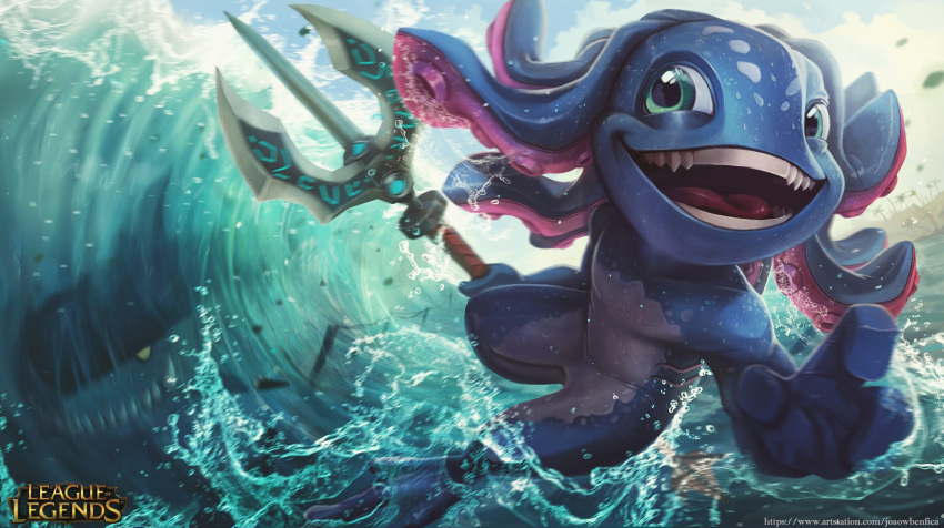 1boy absurdres blue_skin colored_skin copyright_name fangs fizz_(league_of_legends) green_eyes highres holding holding_polearm holding_weapon joaowbenfica league_of_legends open_mouth polearm shark solo teeth tongue water waving weapon web_address yordle