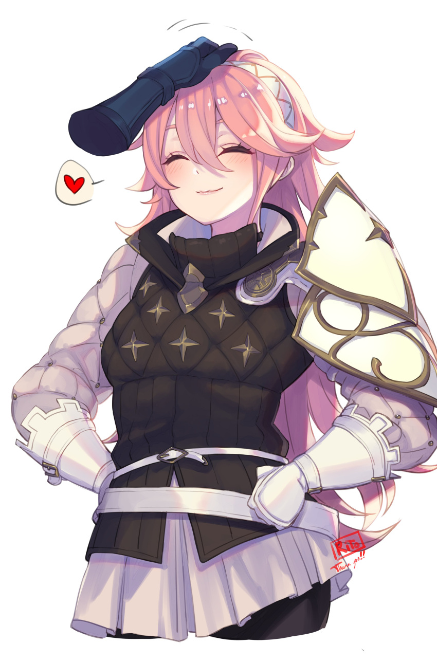 1girl 1other absurdres ambiguous_gender armor blush closed_eyes fire_emblem gambeson gloves hairband headpat heart highres invisible long_hair pink_hair ritence simple_background smile soleil_(fire_emblem) solo_focus speech_bubble white_background