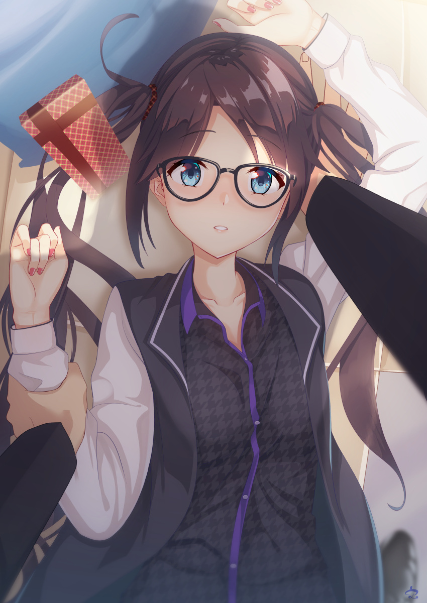 1boy 1girl absurdres black_hair blue_eyes blush box box_of_chocolates buttons fumimaru glasses hair_tie hetero highres holding_another's_wrist idolmaster idolmaster_shiny_colors jacket long_hair long_sleeves lying mitsumine_yuika on_back pillow producer_(idolmaster) shoes twintails unbuttoned unbuttoned_shirt