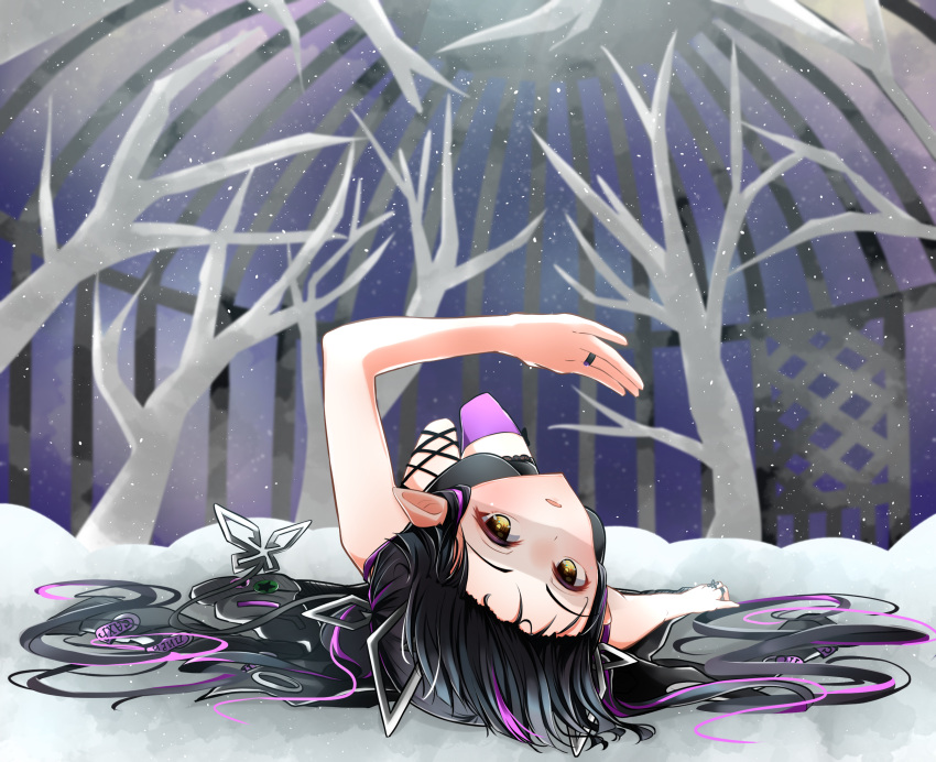 1girl black_hair black_ribbon black_shirt blush breasts cage commentary_request dameyoshi demon_girl demon_horns demon_tail full_body highres horns in_cage jewelry kojo_anna leg_ribbon long_hair looking_at_viewer lying medium_breasts multicolored_hair on_back open_mouth pointy_ears purple_hair purple_legwear ribbon ring shirt single_thighhigh sky sleeveless sleeveless_shirt snow snowing solo star_(sky) starry_sky sugar_lyric tail thigh-highs tree twintails two-tone_hair upside-down virtual_youtuber yellow_eyes