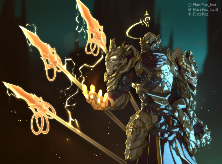 absurdres armor fantasy flarefox glowing glowing_eye highres knight lance lightning magic original paladin polearm simple_background weapon